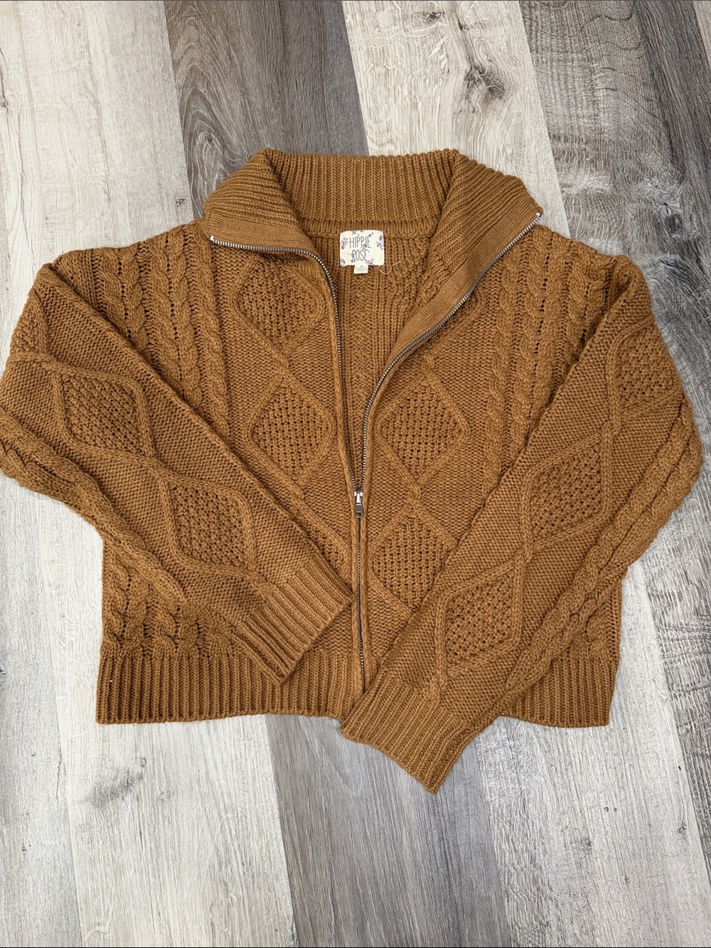 Hippie Rose Chunky Zip-Up Cable Knit Sweater - Caramel Brown